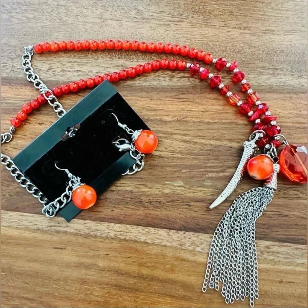 Vintage Red Glass bead Long sliver tooth ball dangle earrings bohemian boho